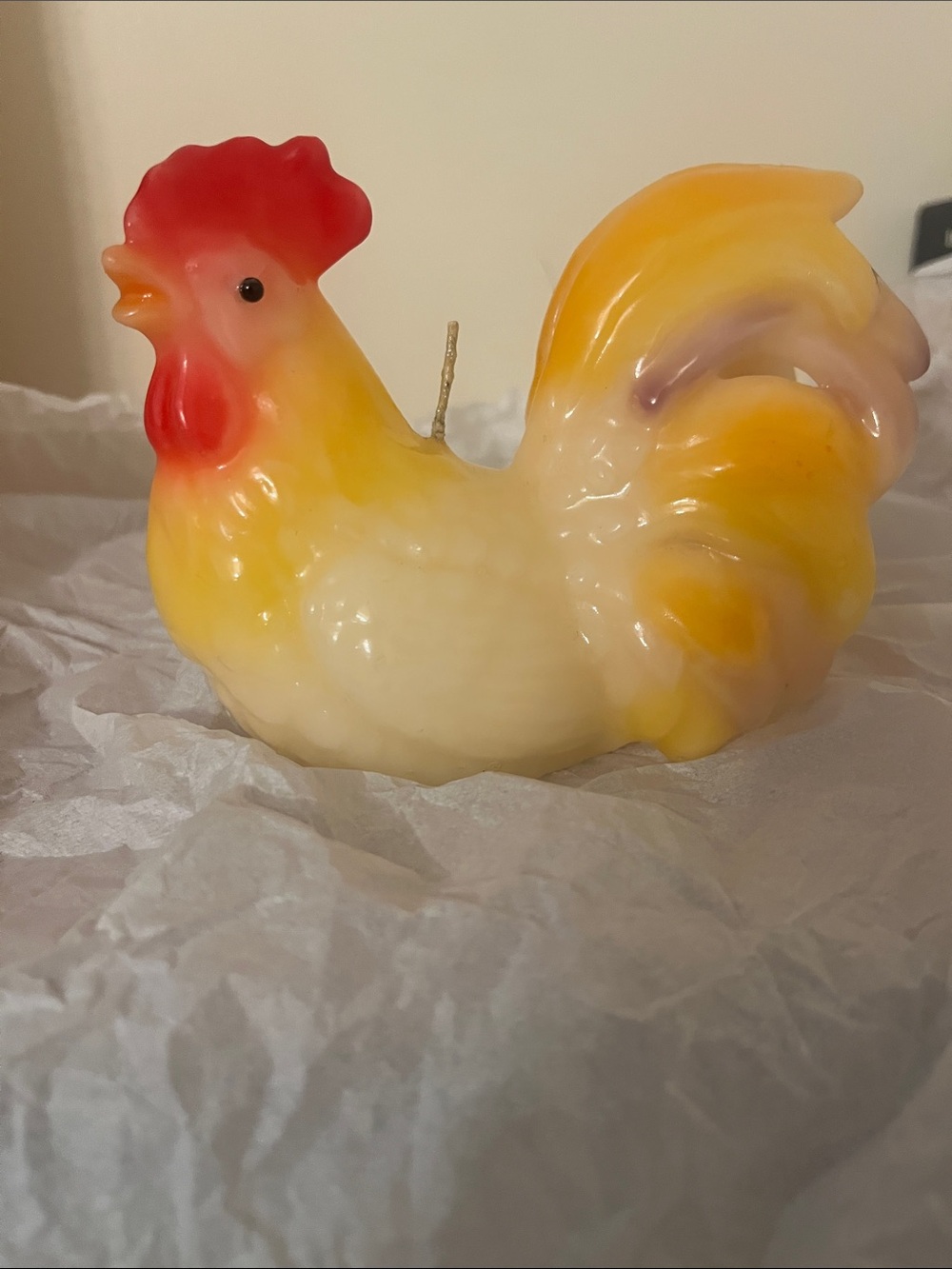 Vintage Hand-Poured Rooster Candle in Yellow, Red & Cream